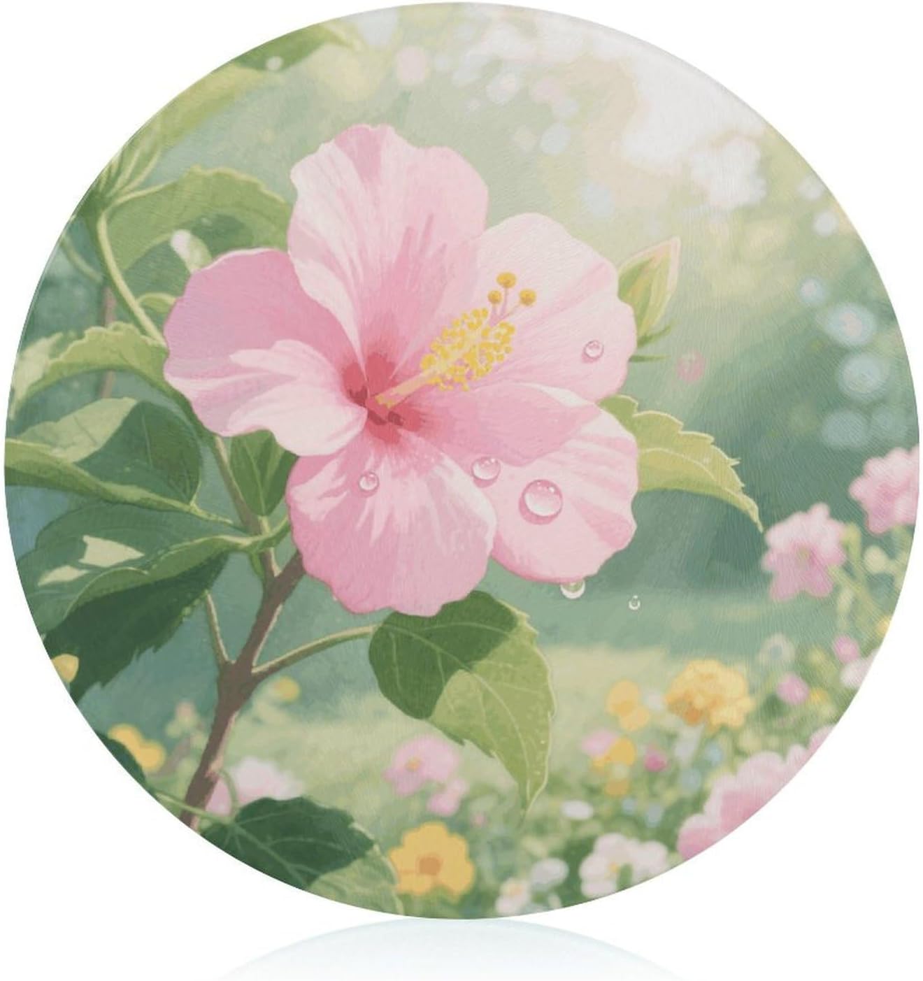 Hibiscus Floral Tempered Glass Cutting Board Sturdy Chopping Block Personalized Large Butcher Block Lightweight Round Chopping Mat for Kitchen Non Slip