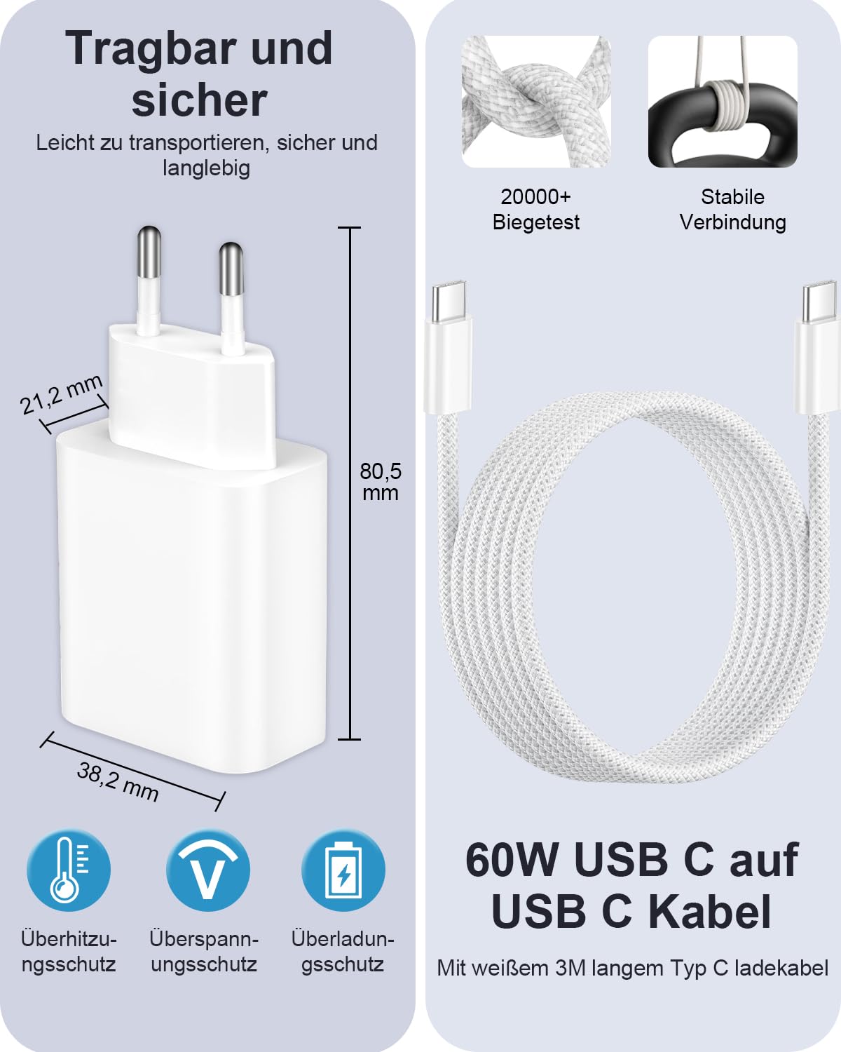 Ładowarka USB C Szybka Ładowarka do iPhone'a 17/Pro Max/17Air,16/16e/15 16 Plus, iPada Air/Mini, ładowarka USB C 20W, Wtyczka ładowarki USBC, Wtyczka ładowarki UsB C, Zasilacz USB c z kablem USBc 3M
