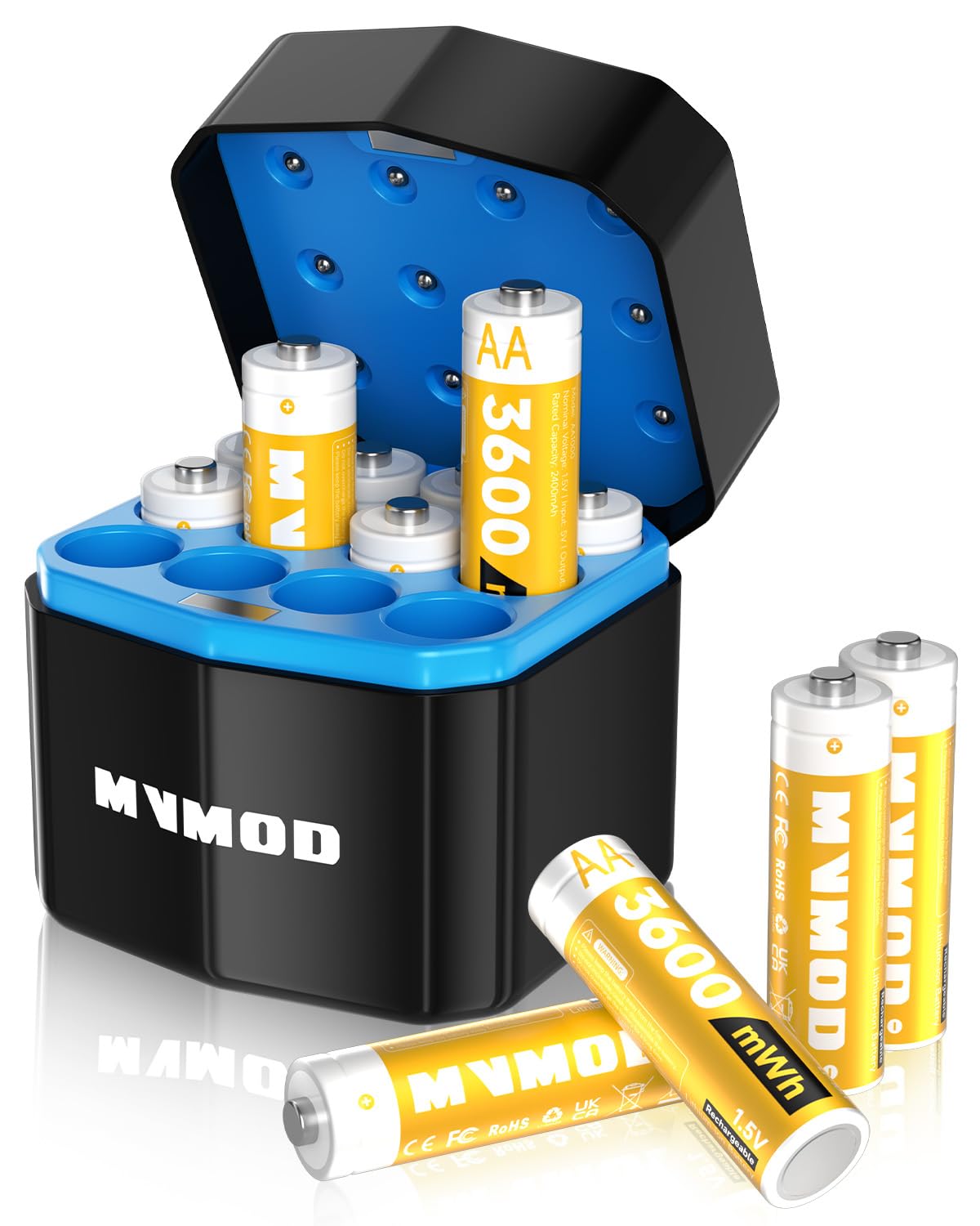 MVMOD Wiederaufladbare AA Akkus 12er-Pack mit Ladegerät, 1,5V 3600mWh AA Wiederaufladbare Lithium Batterien mit Integrierter Schnelles Aufladen Aufbewahrungsbox (2000 Zyklen) Gelb