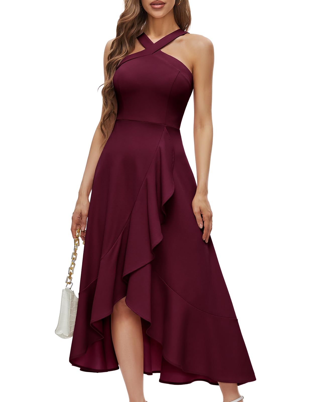 Photo 1 of Bbonlinedress Women Halter Cocktail Dress Wedding Guest Formal Ruffled Maxi Hi-lo Homecoming Teens Prom Plus Size Dress Burgundy 2XL