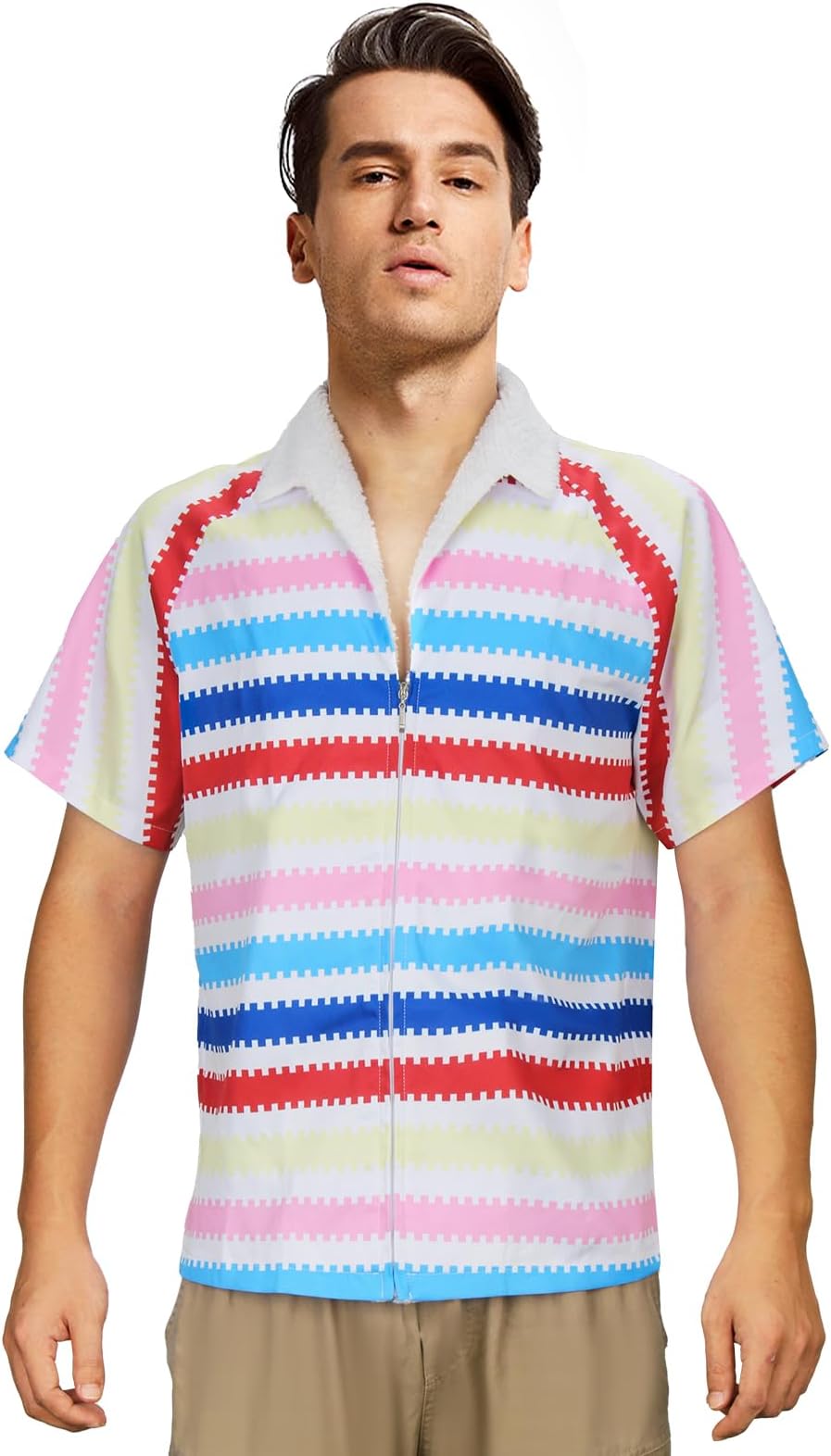 Allan Striped Costume Shirt Adult Men 80s Rainbow Beach Hawaiian Halloween Cosplay Shirt Short Sleeve