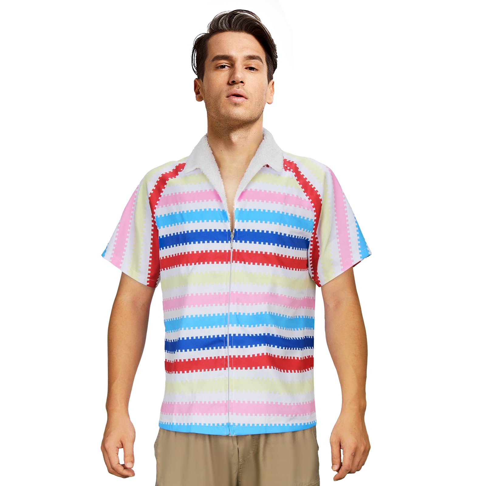 Allan Striped Costume Shirt Adult Men 80s Rainbow Beach Hawaiian Halloween Cosplay Shirt Short Sleeve