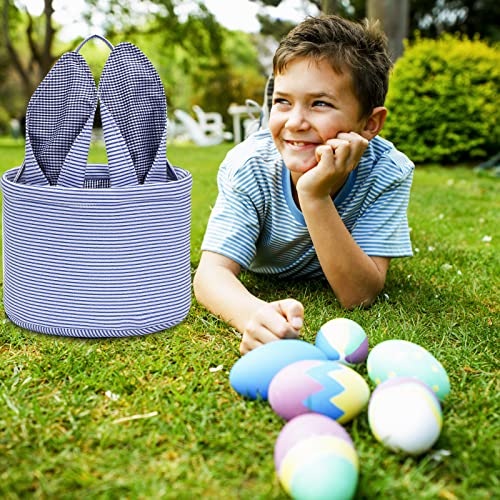 Image of Easter Basket Seersucker Egg Hunt Bunny Baskets for Kids with Cute Rabbit Ears Stripe Storage Gifts Candies Personalized Easter Party Gifts