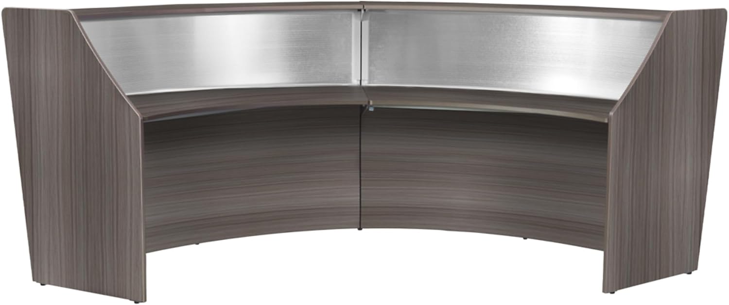 Romig Marque Plexi Double-Unit Reception Curved Desk Workstation “124.25W x 49D” - Driftwood Grey