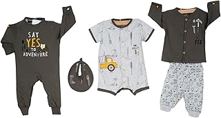 طقم ملابس من القطن بتصميم سيارات مطبوع للأولاد بعمر يوم - 3 أشهر من جوكي ام ام، طقم من 5 قطع، متعدد الألوان