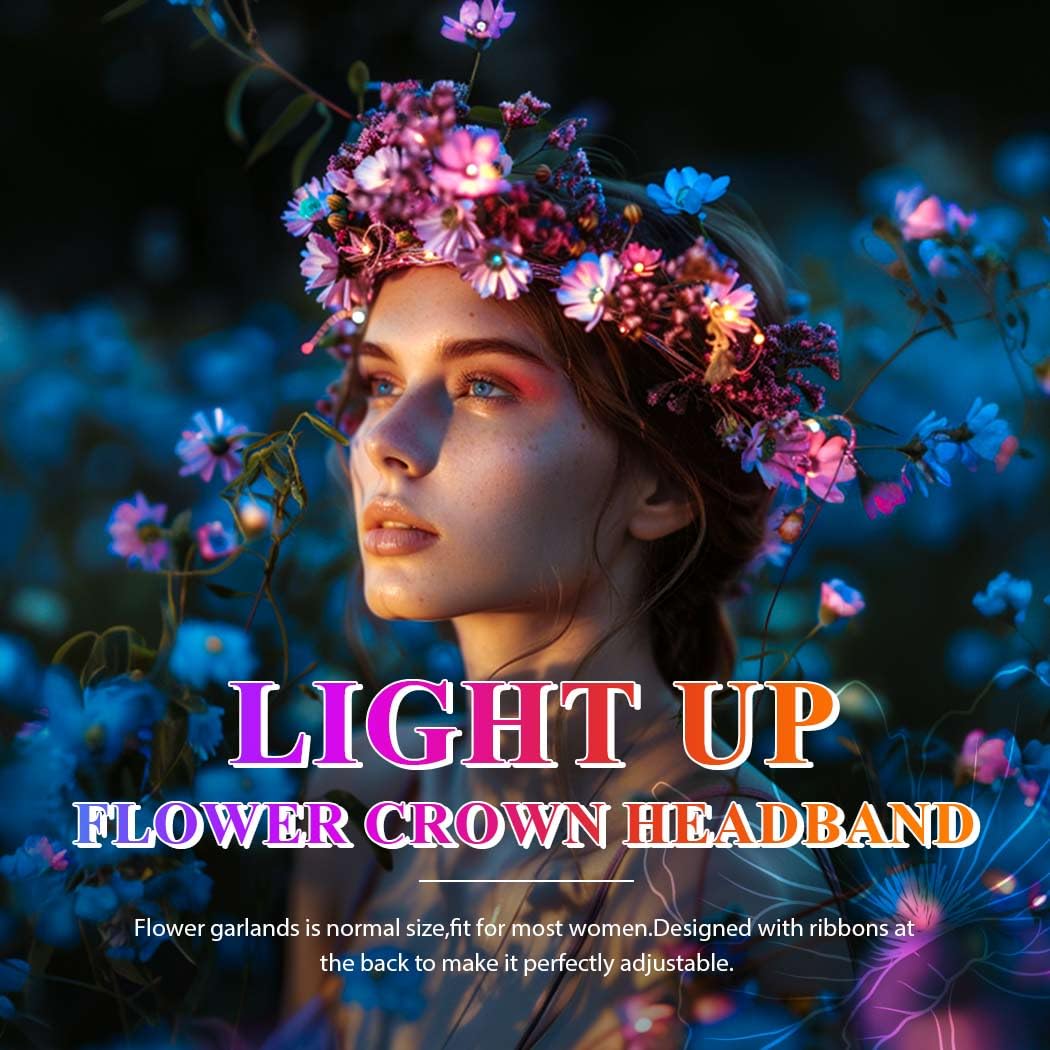 Zoestar LED Flower Crown Headband Light Up Feather Wreath Headbands Bridal Floral Headpiece Festival Costume Hair Accessories for Women - Image 3