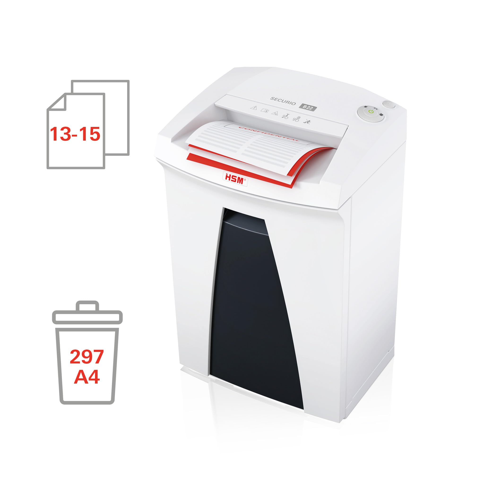 HSM SECURIO B22 Aktenvernichter I Streifenschnitt 3,9 mm I 15 Blatt | Sicherheitsstufe P-2 I Office Schredder für Papier, Kreditkarten, Heft- und Büroklammern I 33l Behälter I 5 Jahre Garantie