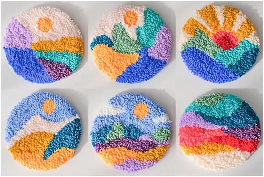 Punch Needle Coaster Kit 6 Patterns Natural Scenery Tufted Rug Pads, DIY Needle Punch Coaster Kit for Adults Beginners with Adhesive Felt Yarns Embroidery Hoop Tools Instruction