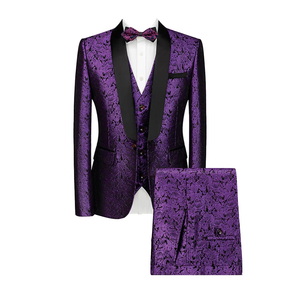 Traje Completo Slim Fit Hombre Traje de Negocios de 3 Piezas Chaqueta Jacquard Blazer Chaleco Pantalón Traje de Esmoquin de Novio de Baile de Padrinos de Boda