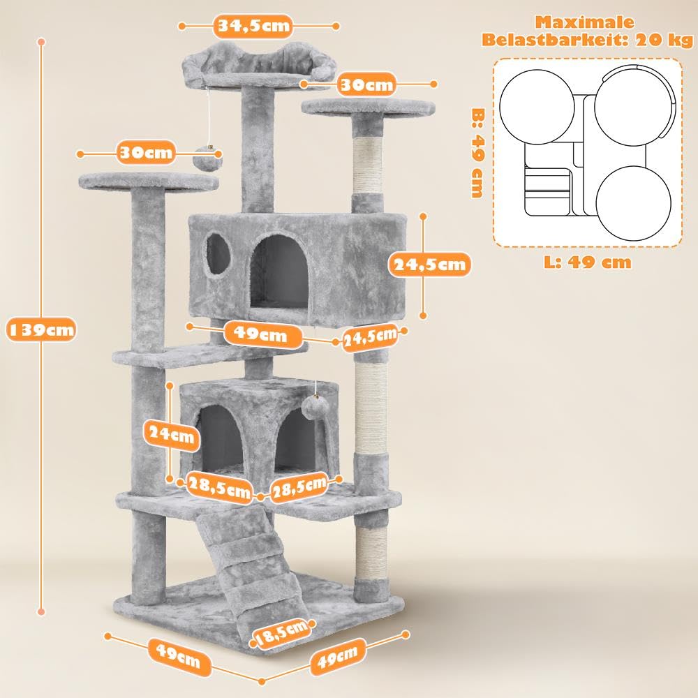 Yaheetech Árbol Rascador para Gatos 139cm con 3 Plataformas 2 Nidos 2 Pompones Torre de Escalador con Postes en Sisal Ideal para 3-4 Gatos Gris Claro