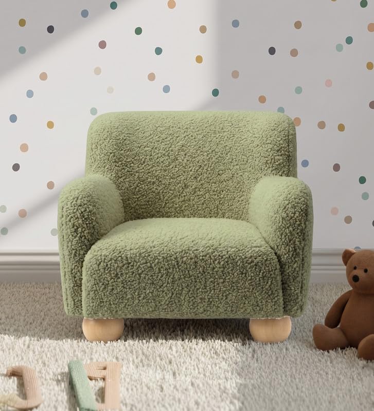 nestroots Olive Colour Plush Boucle Kids Lounge Chair | Oak Wood Frame | Soft Upholstered Toddler Chair | Nursery Reading Chair | Kids Sofa Chair for Bedroom, Playroom & Living Room-image-34