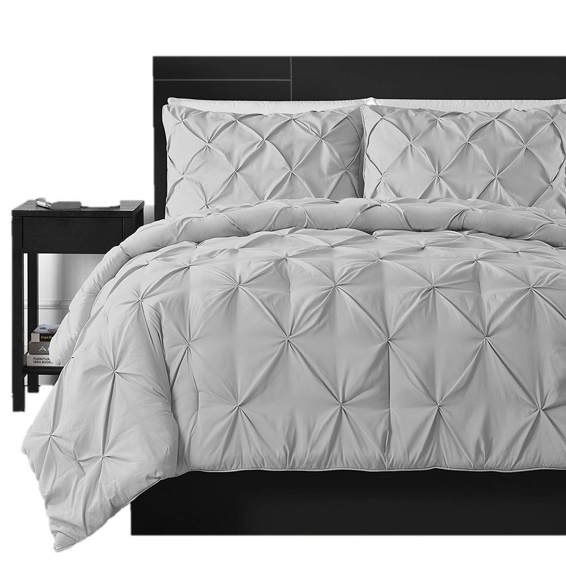 Bedding Kraft Pintuck Duvet Cover Set | Pintuck Comforter Cover | Light Gray Duvet Cover Queen | 3 Piece Pinch Pleat Duvet Cover (Oversized King, Silver)