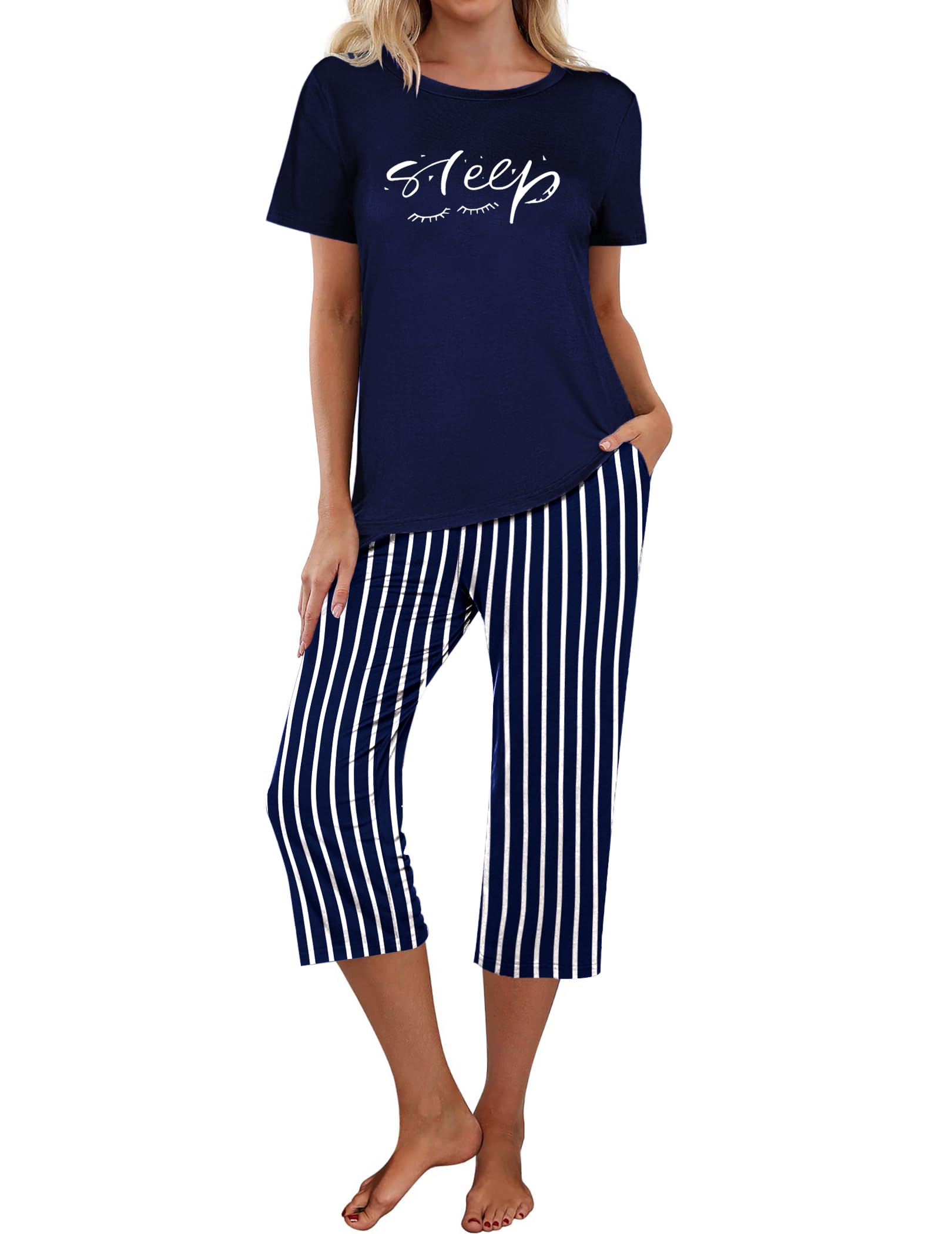 Ekouaer Schlafanzug Damen Kurzarm Pyjama Set Kurz Zweiteiliger Sommer Oberteil und 3/4 Lange Capri Hose, S-XXL