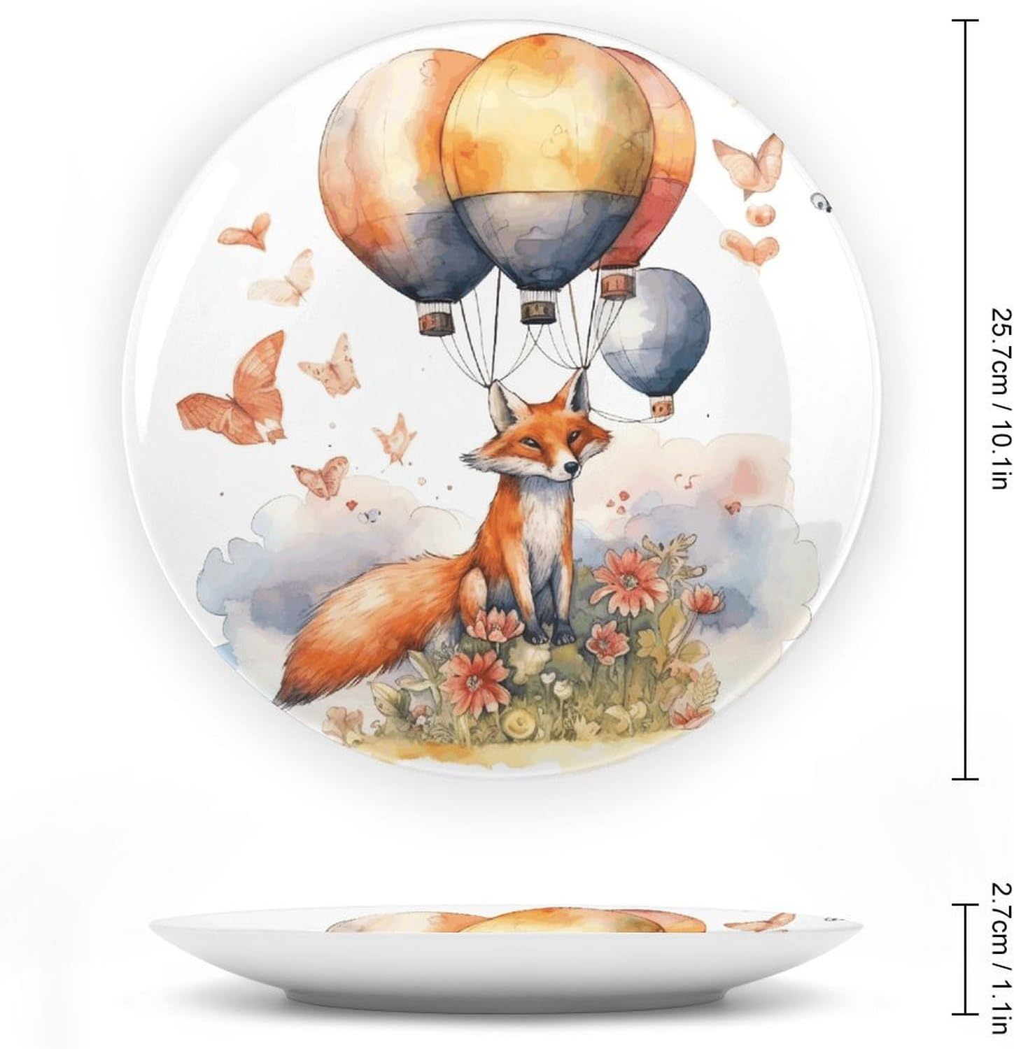 Fox And Hot Air Balloon Decorative Plates for Display Round Porcelain Plate Living Room Table Ceramic Hanging Decorative Plate Art Decor for Living Room Table with 1 Display Stand 10inch
