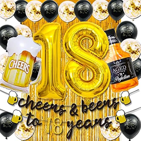 18th Birthday Decorations for Boys, 18 Birthday Decorations with 40 Inch Gold 18 Number Balloons, Cheers to 18 Years Banner,Fringe Curtains and Cups Foil Balloons Cover