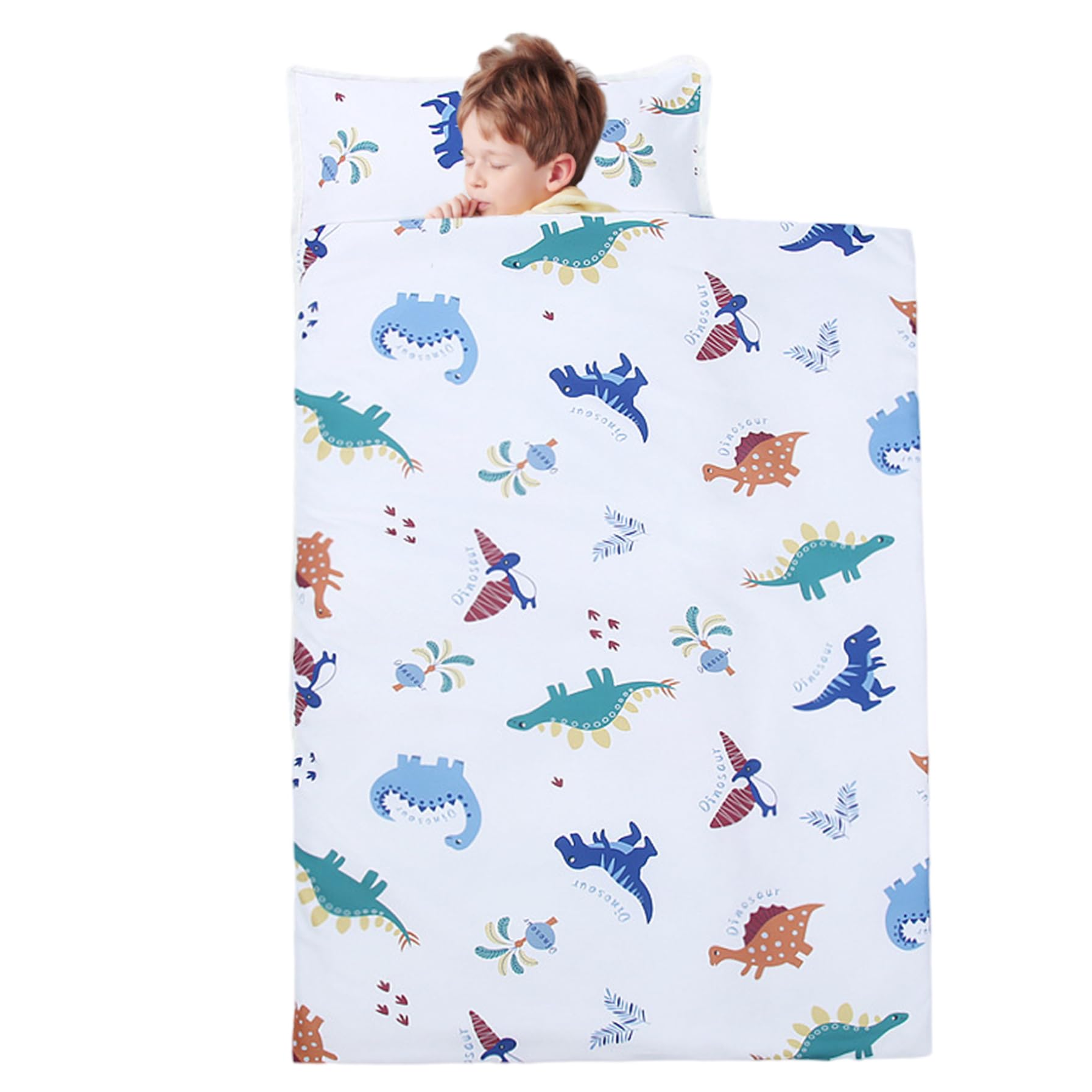 Tappetino per pisolino per bambini, Tappetino per pisolino per bambini con cuscino e coperta 49x20 Sacco a pelo anti-calcio con manico arrotolabile con stampa di dinosau