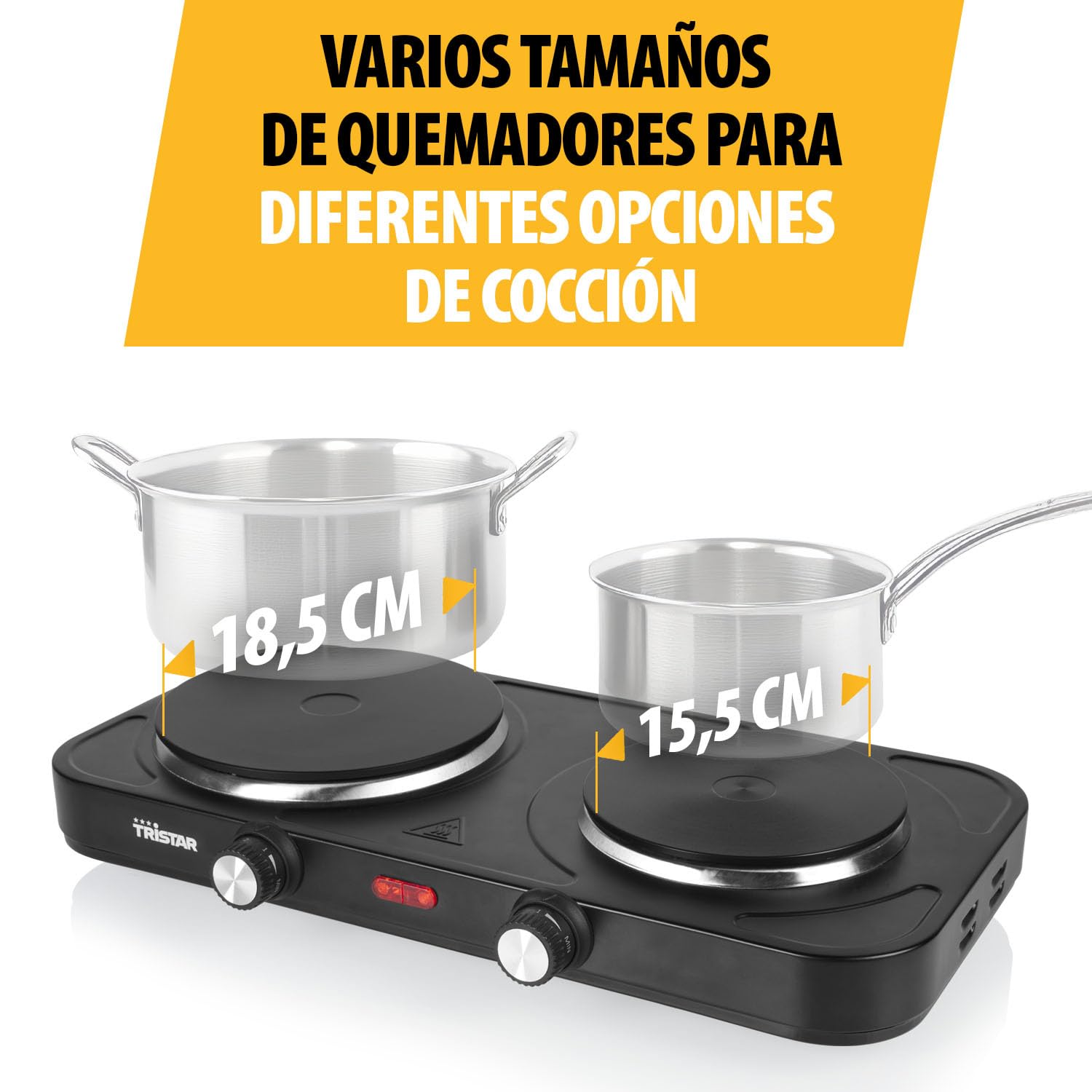 Placa de cocina pórtatil Tristar - Doble quemador - Para alojamiento de estudiantes, camping, cocina americana - 15,5 y 18,5 cm de diámetro - Termostato regulable - 2 500 W - KP-6152