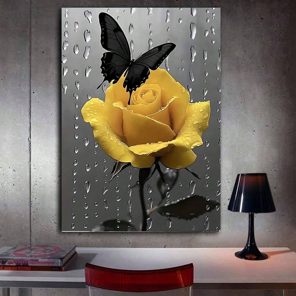 1 lienzo decorativo para pared, estampado de rosas amarillas con mariposas, para decoración de sala de estar, dormitorio, cocina y oficina (60x80cm/sin marco).
