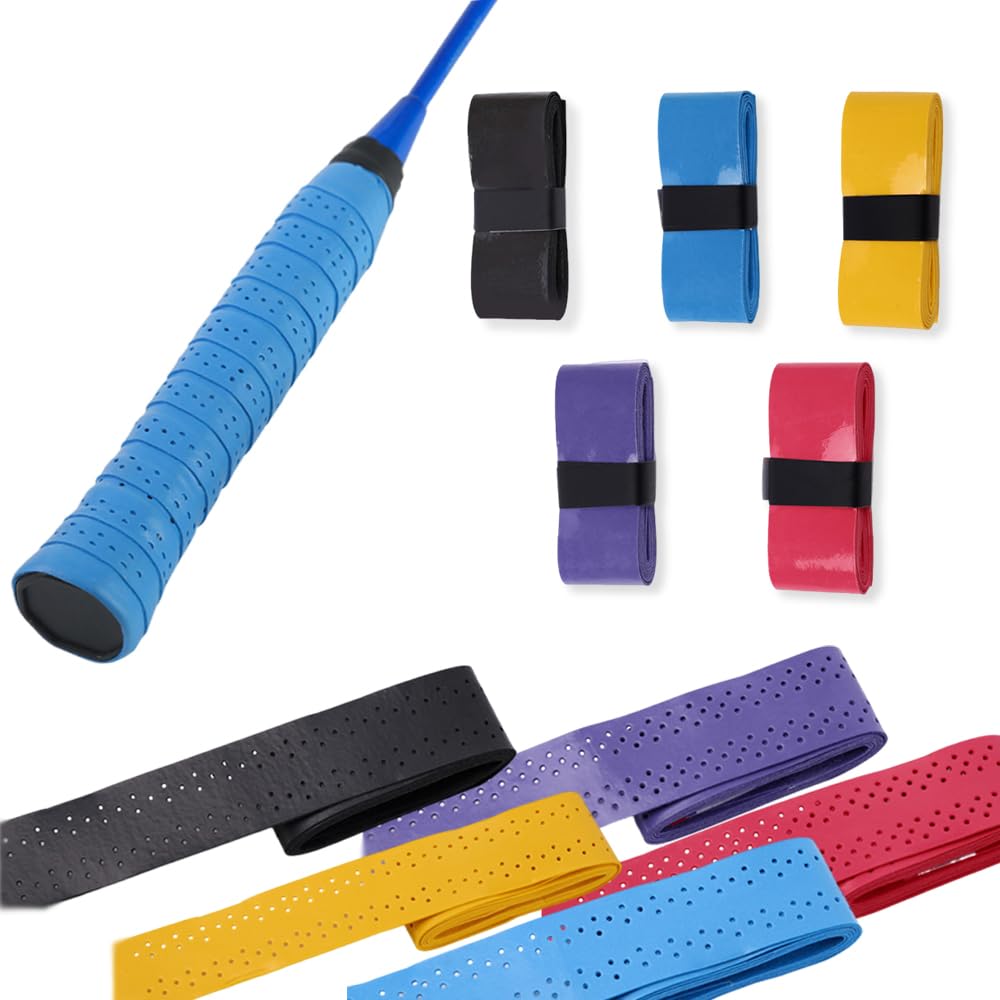 MSLSOZ 10 piece set of anti slip badminton grip, colored racquet grip tape, breathable perforated tennis racket tape, suitable for badminton rackets, tennis rackets (red+black+yellow+blue+purple).