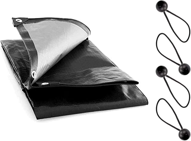 1.5 x 2 m Heavy-Duty 235 GSM Black Tarpaulin Waterproof Furniture Caravan Cover Camping Ground Sheet Multipurpose + 4 Bungee Balls