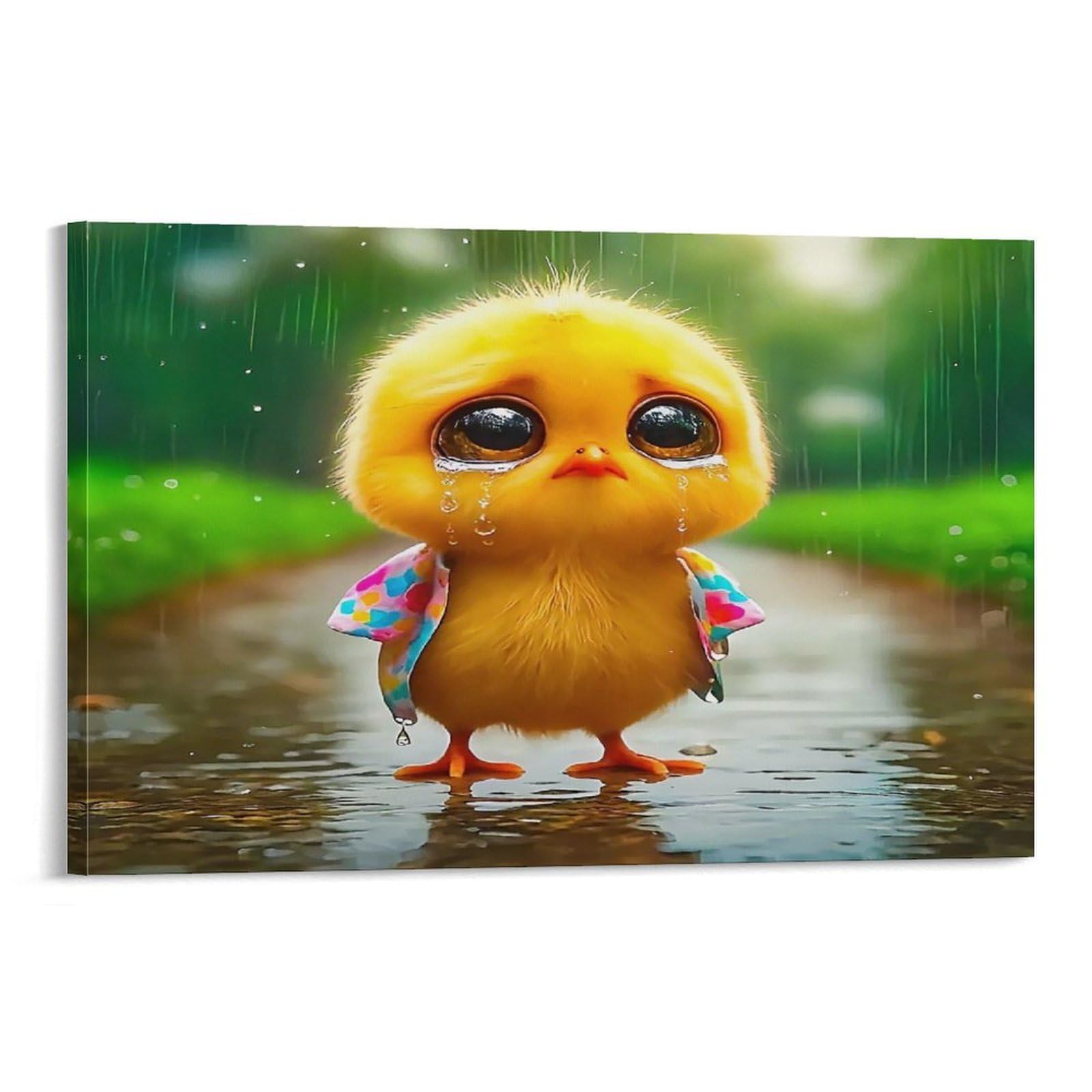 CPLVKWRQJ Cute Duckling Single Sad Chick Rainy Forest Colorful Shirt Canvas Wall Art - Fade Resistant Ready to Hang Living Room Focal Point Wall Decor 08x12inch(20x30cm)