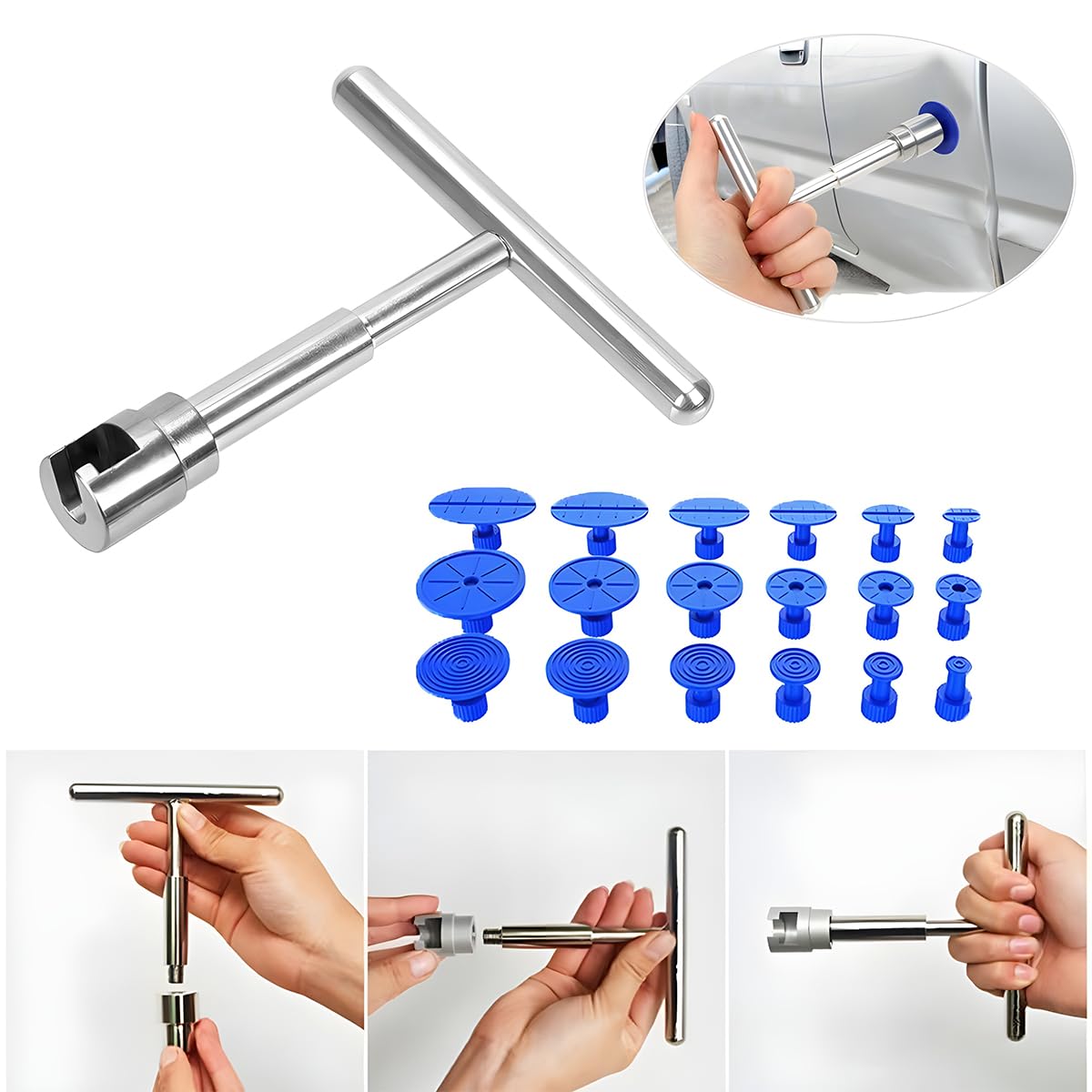 JNNJ 19Pcs Kit per La Rimozione delle Ammaccature Senza Verniciatura, Estrattore per Riparazioni di Ammaccature Auto, Martello a T-Forma e Guarnizione Ventosa, Tiro di Ammaccature Minori per Veicoli