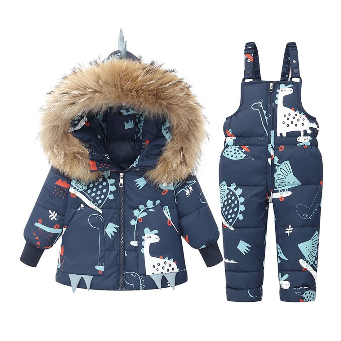 Tuta da Sci Stampata 2 Pezzi da Unisex Bambino Piumino con Cappuccio Pellicia Removibili + Salopette da Neve Invernale Antovento Impermeabile