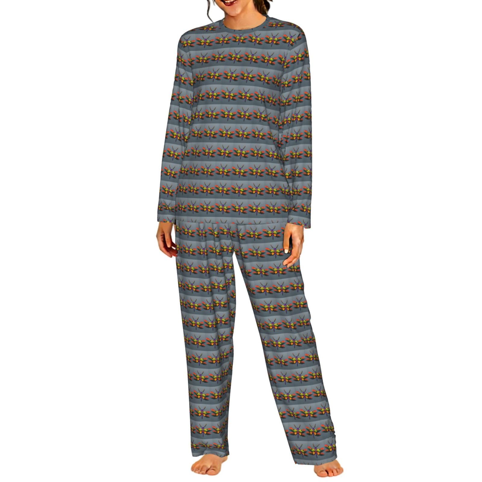 Simpatica stampa libellula donna manica lunga pigiama abbinato quotidiano comodo loungewear abiti da notte