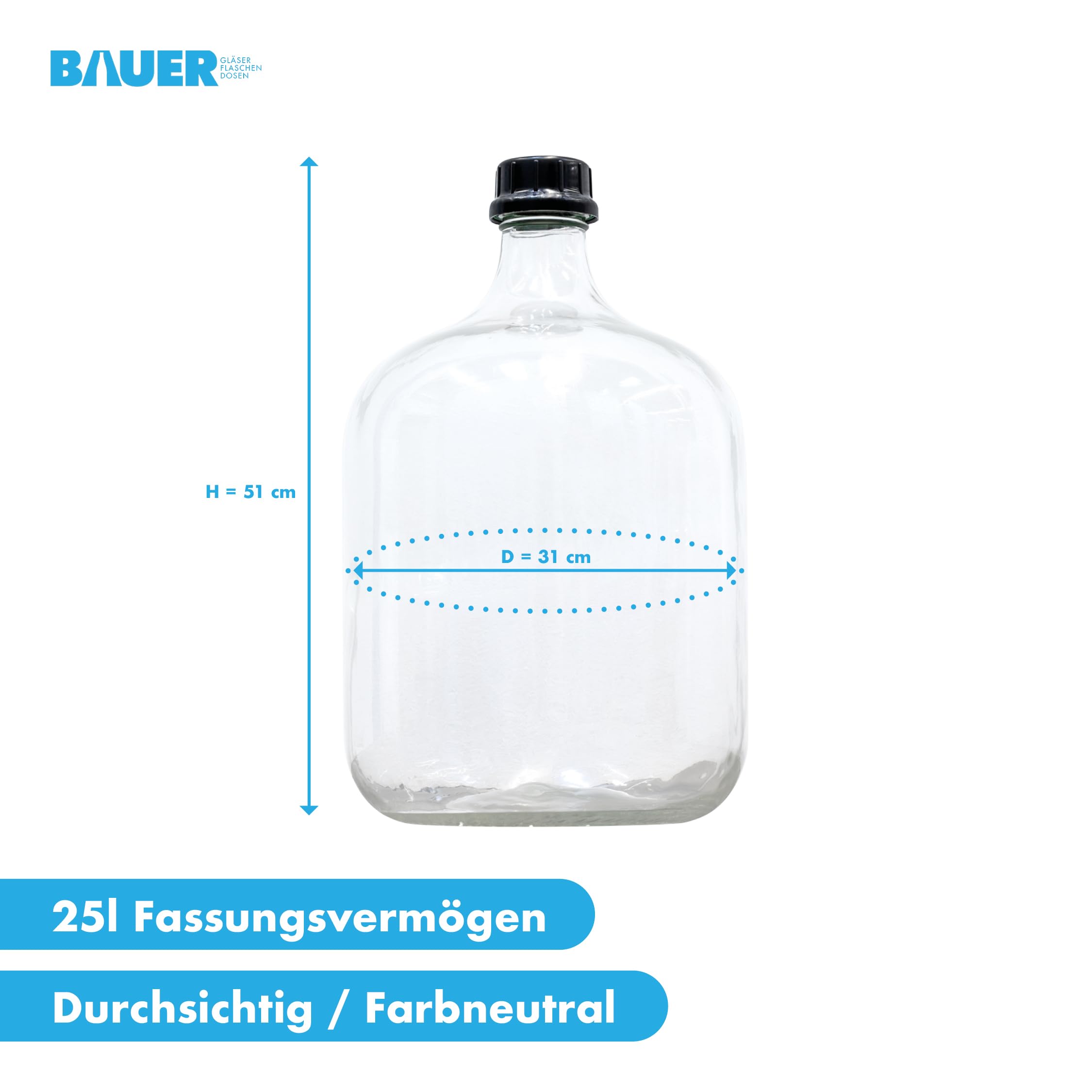 Flaschenbauer Ballonflasche 25L mit Schraubverschluss und Tragegurt - Glas Gärballon - ideal für Obstwein, Spirituosen, Saftlagerung - robust & sicher - hochwertiger Gärbehälter für Hobbybrenner