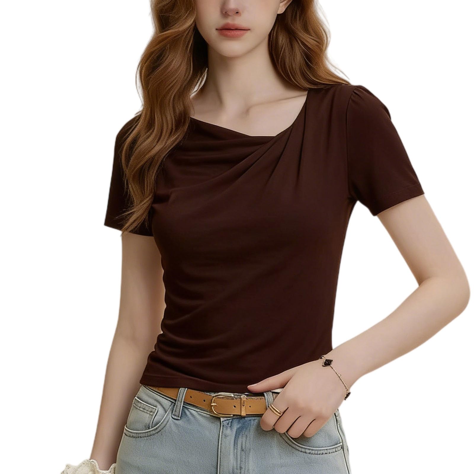 [SnowElve] Tシャツ レディース 半袖 トップス「柔らかい・通気・着痩せ・美シルエット・不規則ネック」カットソー エレガント カジュアル 通勤 デート お出かけ 春 夏 秋