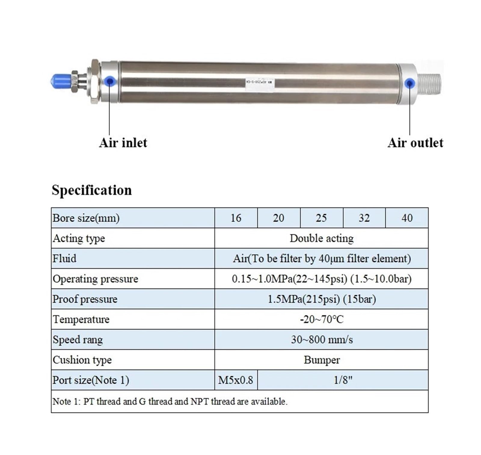 MA16 20 25 32 40 Cylinder pneumatyczny 25 50 100 125 150 200 300 400 500 mm siłowniki pneumatyczne dwustronnego działania ze stali nierdzewnej