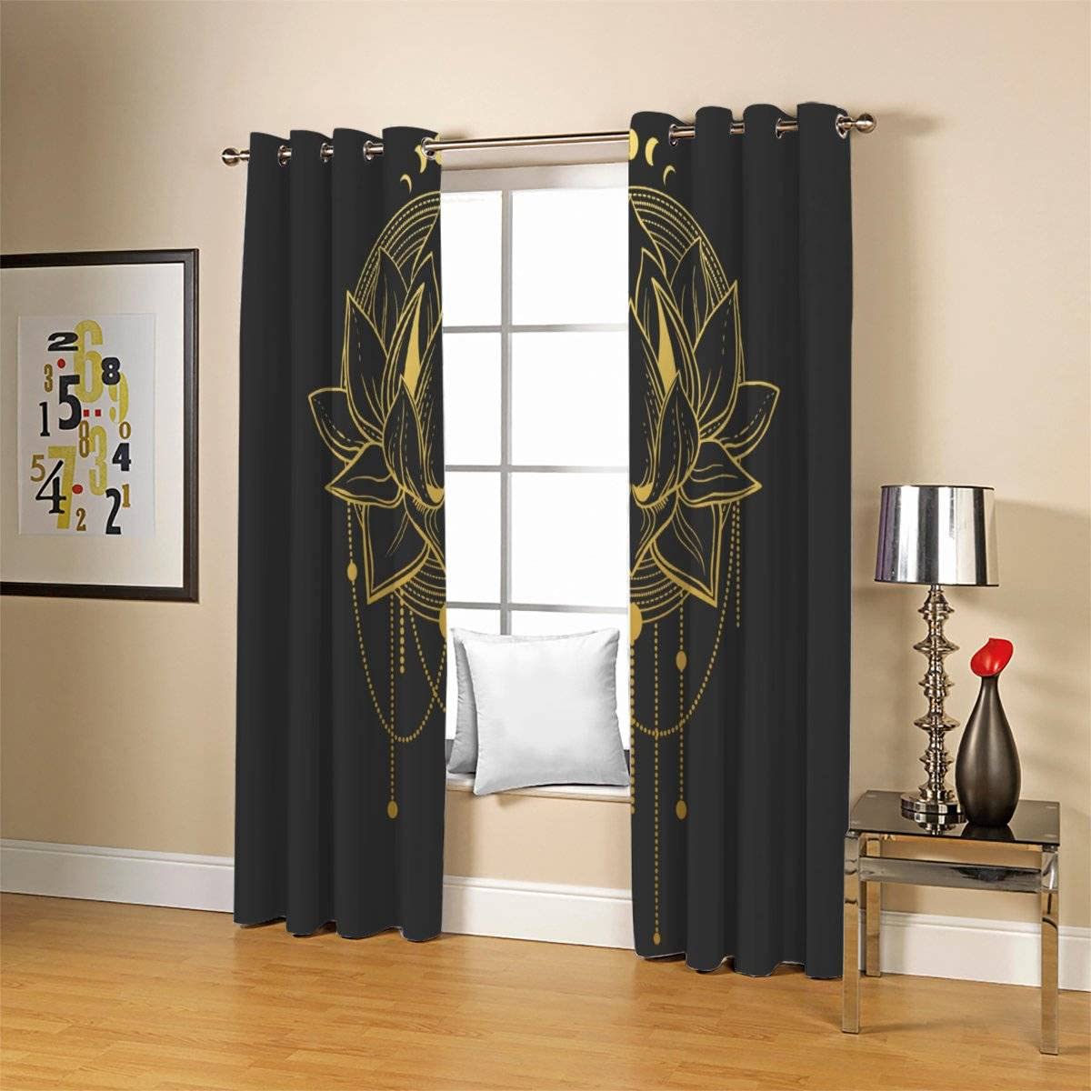3D Goldener Lotus Vorhänge mit ösen B 150 X H 166 cm Mikrofaser Gold Gardinen Blickdicht Verdunkelungs Scheibengardinen 2 Stücke für Wohnzimmer Schlafzimmer Kinderzimmer Küche