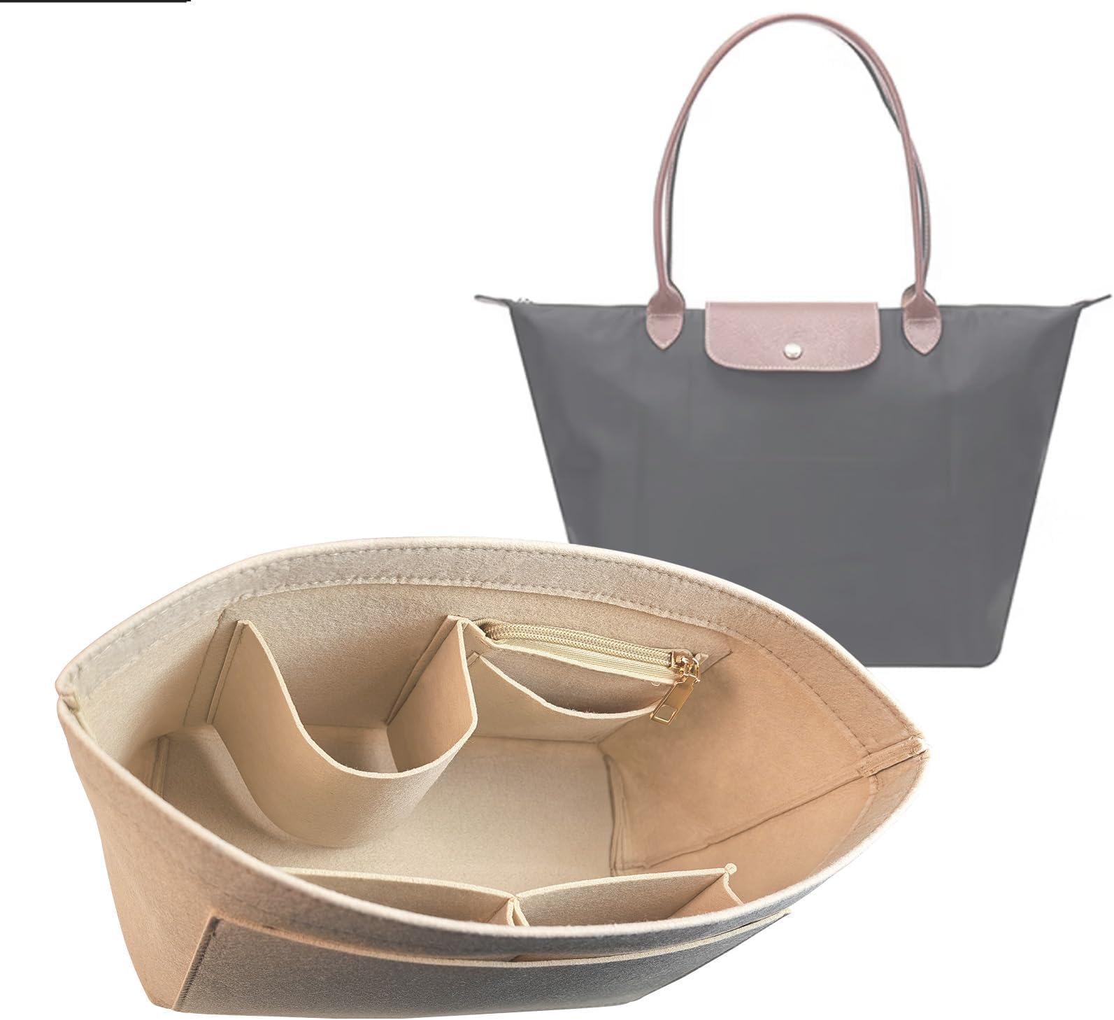 Lckaey Purse Organizer Insert For Longchamp Le Pliage Inserts With Zipper Handbag Felt Insert Tote Bag Organizador Y012-beige-L