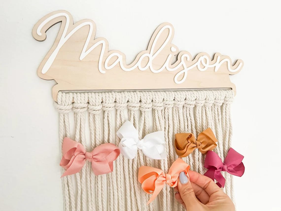 Haoser Wooden Macrame Bow Holder for Baby Girl – Personalized Nursery Wall Decor – 3D Acrylic Name Hair Bow Organizer – Boho Wall Hanging Storage – 14 Inch-image-0