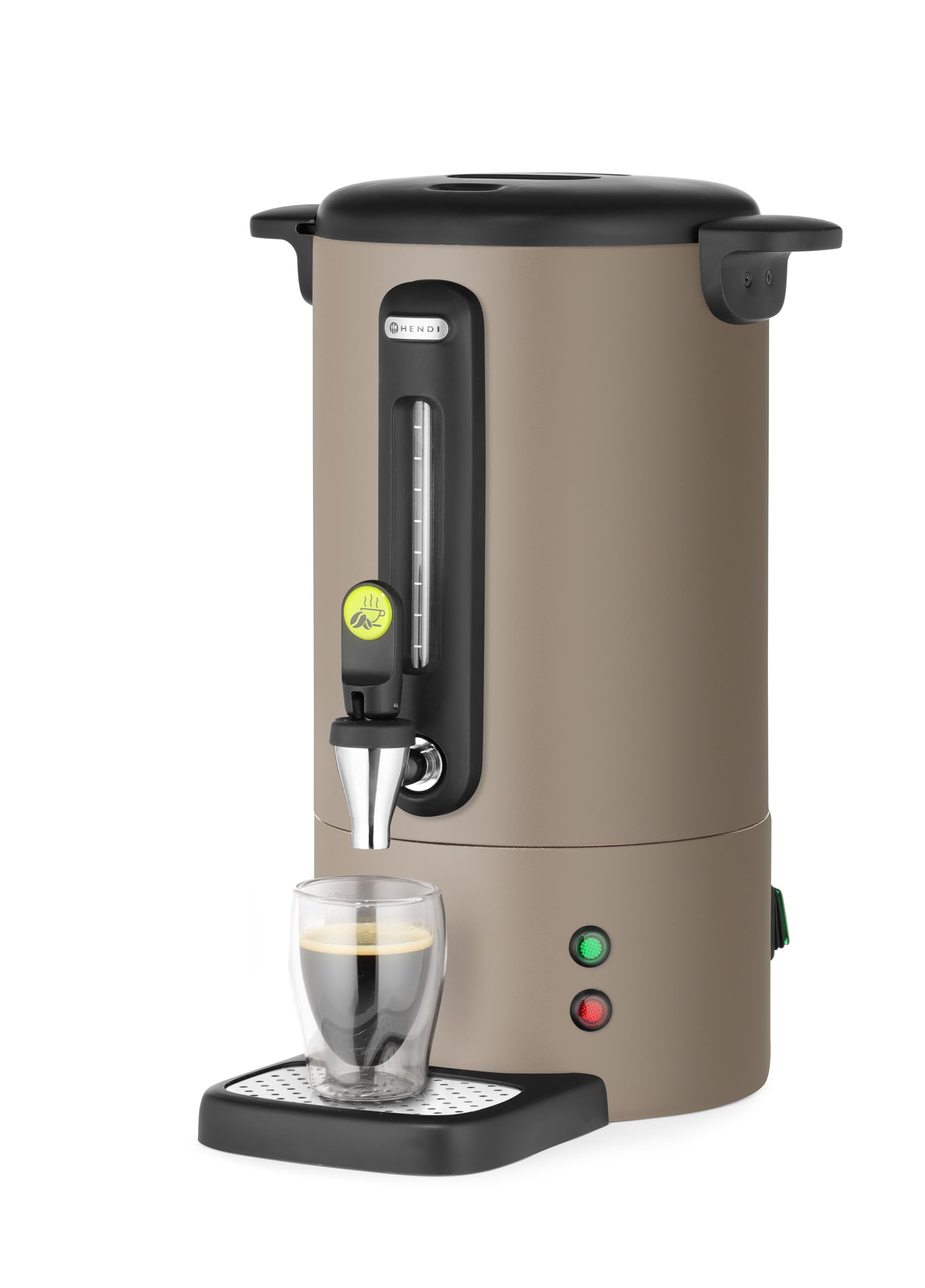 HENDI Kaffee-Perkolator, UNIQ, zum Brühen von Kaffee, tropffreier Zapfhahn, Wasserstandsanzeige, Kaffeebereiter, Kaffeemaschine, 7L, 230V/1050W, 307x330x(H) 450mm, Edelstahl, Polypropylen, Taupe