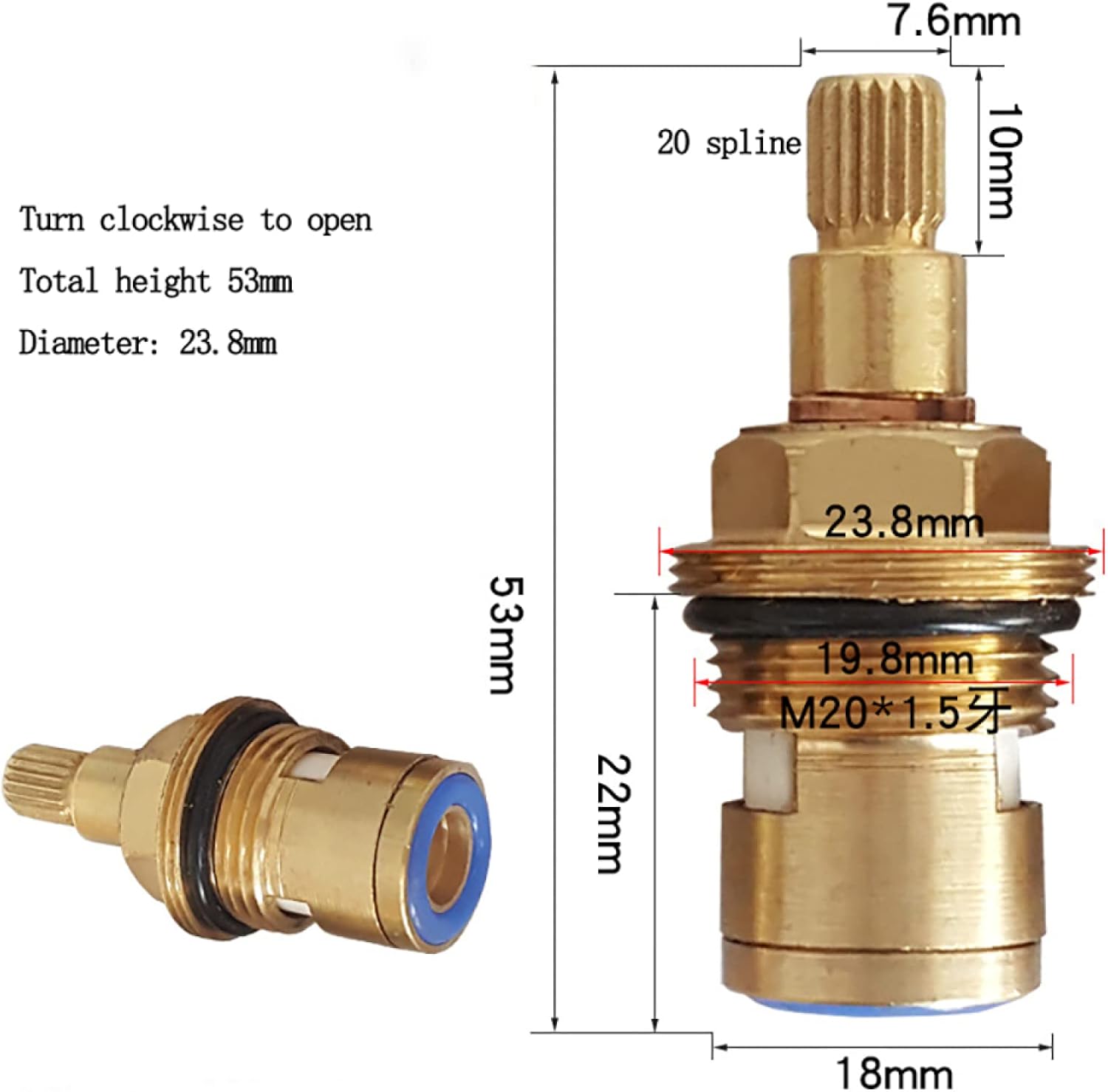 Faucet Cartridge Replacement Replacement Brass Ceramic Stem Disc Cartridge Mixer Hot and Cold Tap Inner Faucet Valve Quarter Turn G3/4" for Bathroom Kitchen Tap Red(Blue)