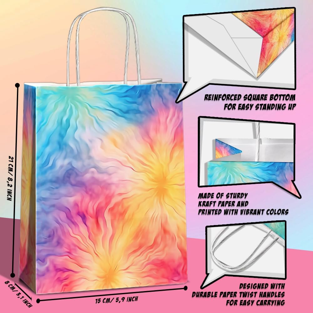 JOYGATHER 24 Pcs Tie Dye Party Favors Bags with Handles, Colorful Rainbow Goodie Gift Candy Kraft Paper Bags with 6 Different Types for Kids Adult Birthday Baby Shower Party Supplies Decorations - Image 2