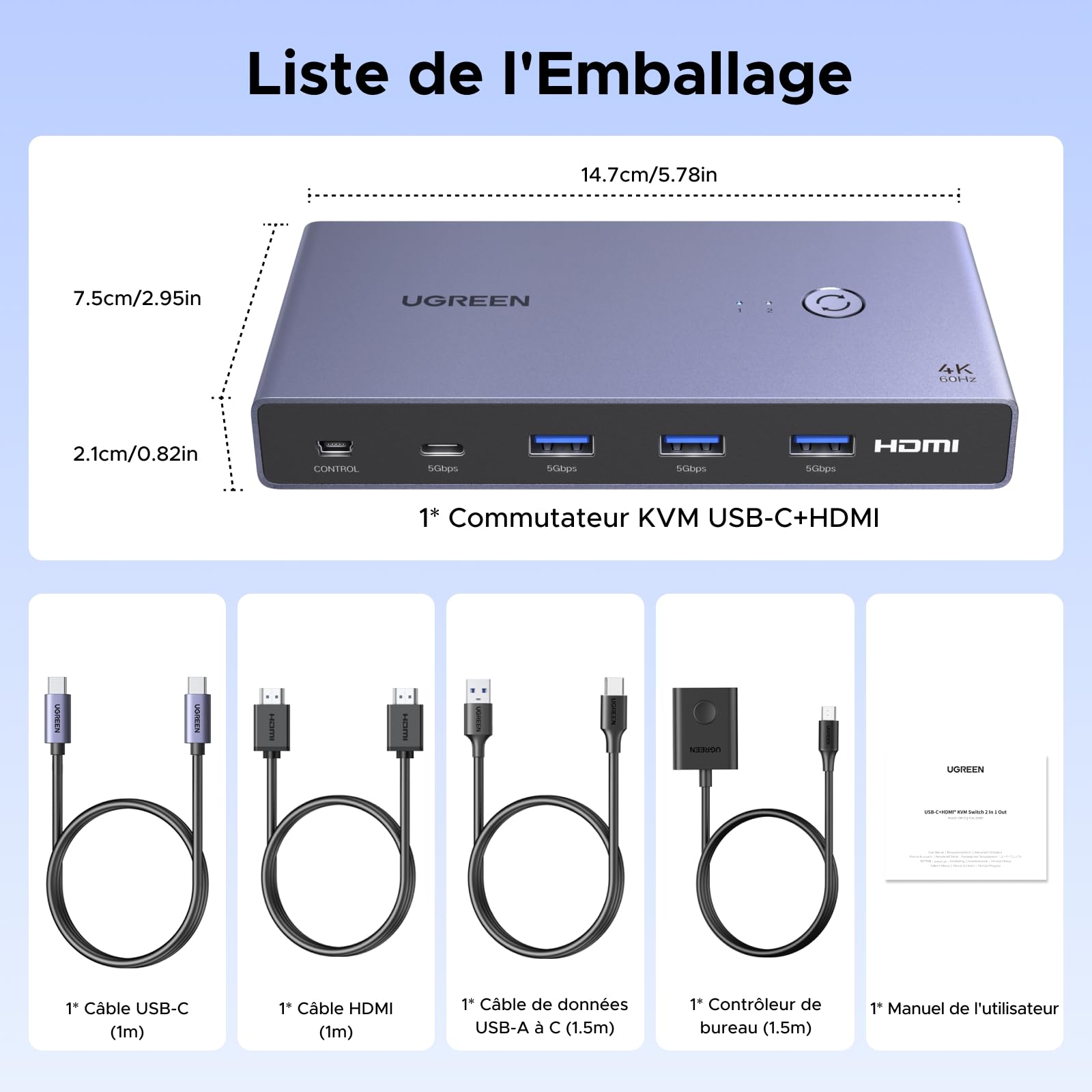 UGREEN KVM Switch HDMI USB C 4K 60Hz 2 Entrées 1 Sortie Commutateur KVM | 4 Ports USB 3.0 3A1C 5Gbps Compatible avec MacBook PS5 Ordinateur Hôte Steam Deck Câble HDMI et Câble USB-C Vidéo Inclus