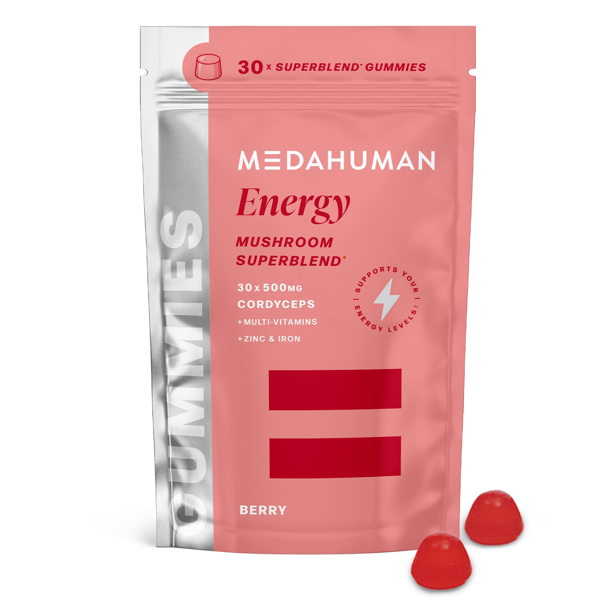 MEDAHUMANÂ® Energy | Cordyceps Mushroom Gummies (30 Servings) | Adaptogen Superblend Energy Gummies with Vitamins & Minerals for Reducing Tiredness | Berry Flavour