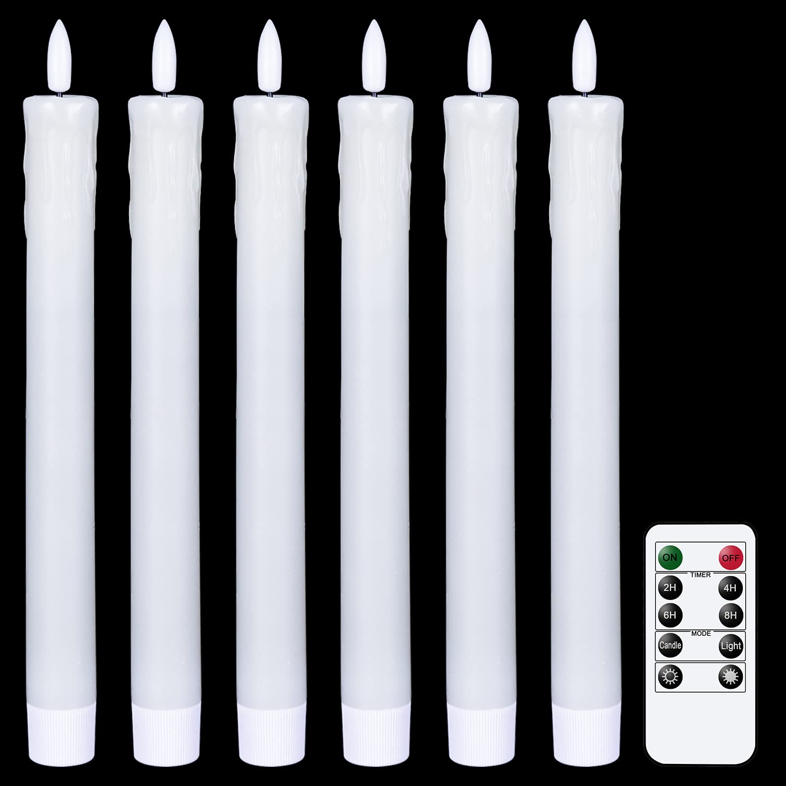 Eldnacele Drip Wax LED Taper Candles Flickering with 10-Key Remote, Battery Operated White Flameless Candles Real Wax Pack of 6, Christmas Home Wedding Decor(0.78 X 9.64 Inch) โ image 1