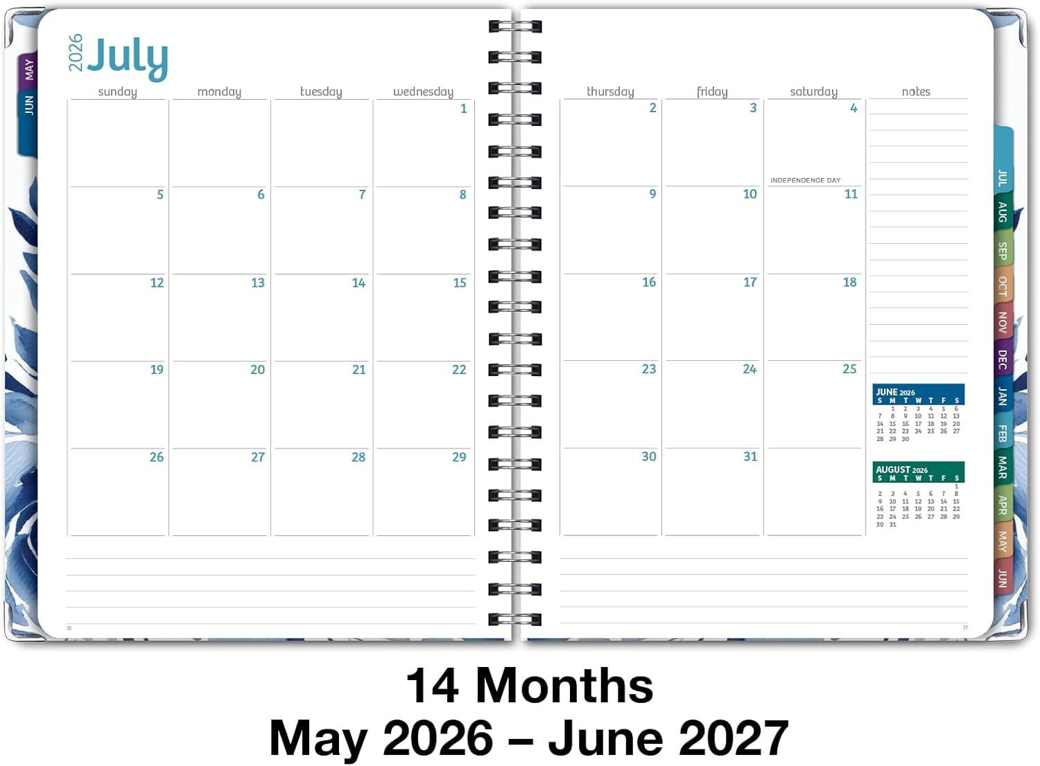 HARDCOVER Academic Year 2026-2027 Planner: 14 Months (May 2026 Through June 2027) 8.5"x 11" Daily Weekly Monthly Planner Yearly Agenda. Bookmark, Pocket Folder and Sticky Note Set (Blue Bloom)