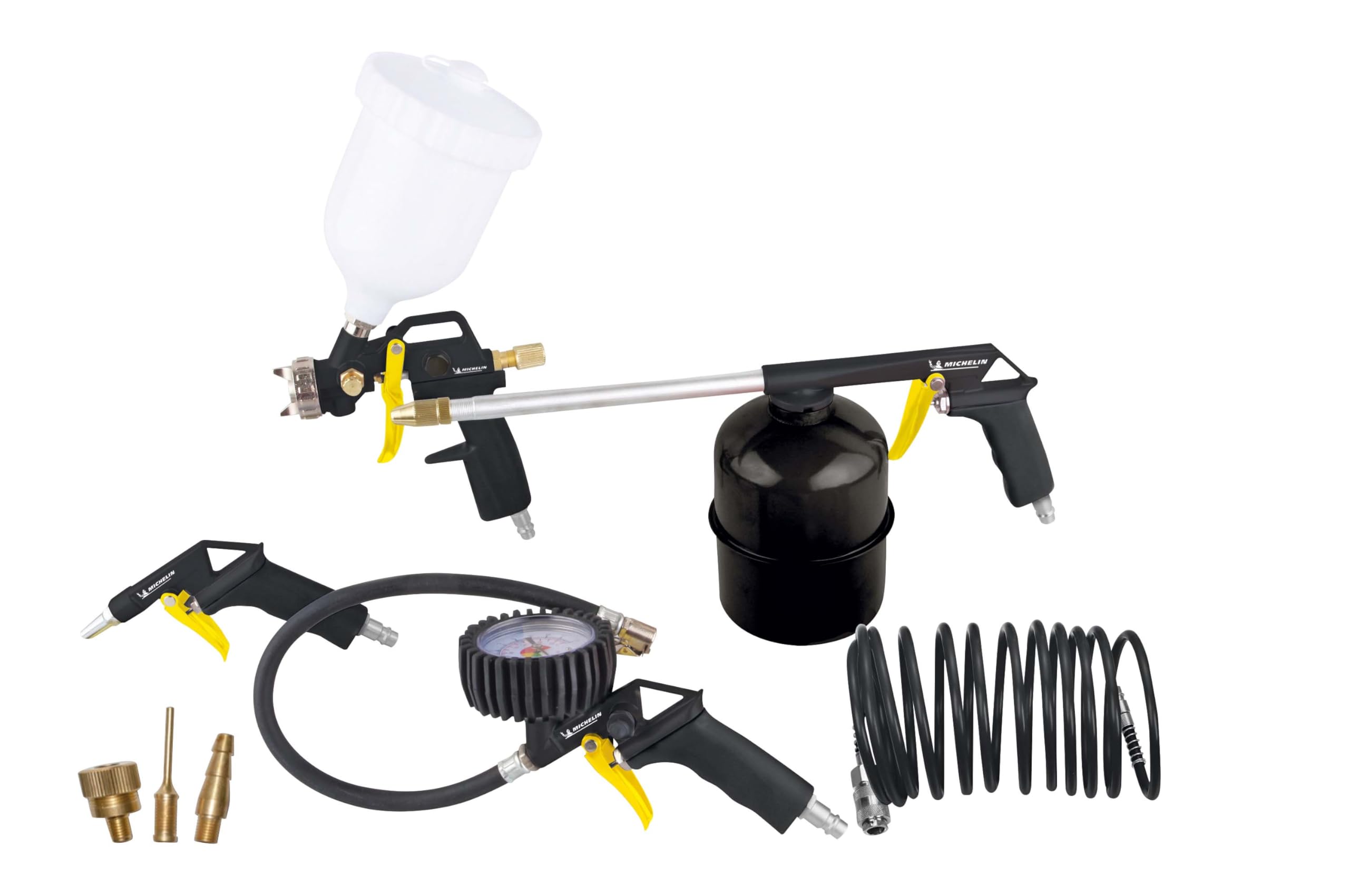 MICHELIN, Kit Accessori per Compressore 8 Pezzi (Include Tubo a Spirale 5m Completo di Attacchi Rapidi, Pistola di Gonfiaggio, Pistola di Soffiaggio, Aerografo a Gravità, Pistola di Lavaggio, 3 Ugelli