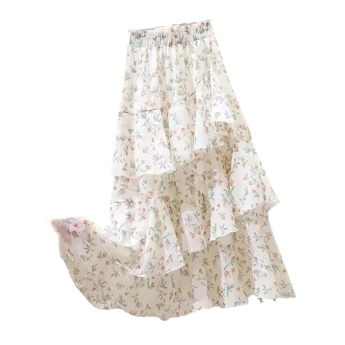 Womens Print Chiffon A-Line Layered Midi Skirt Elastic High Waist Asymmetrical Ruffles Long Skirts