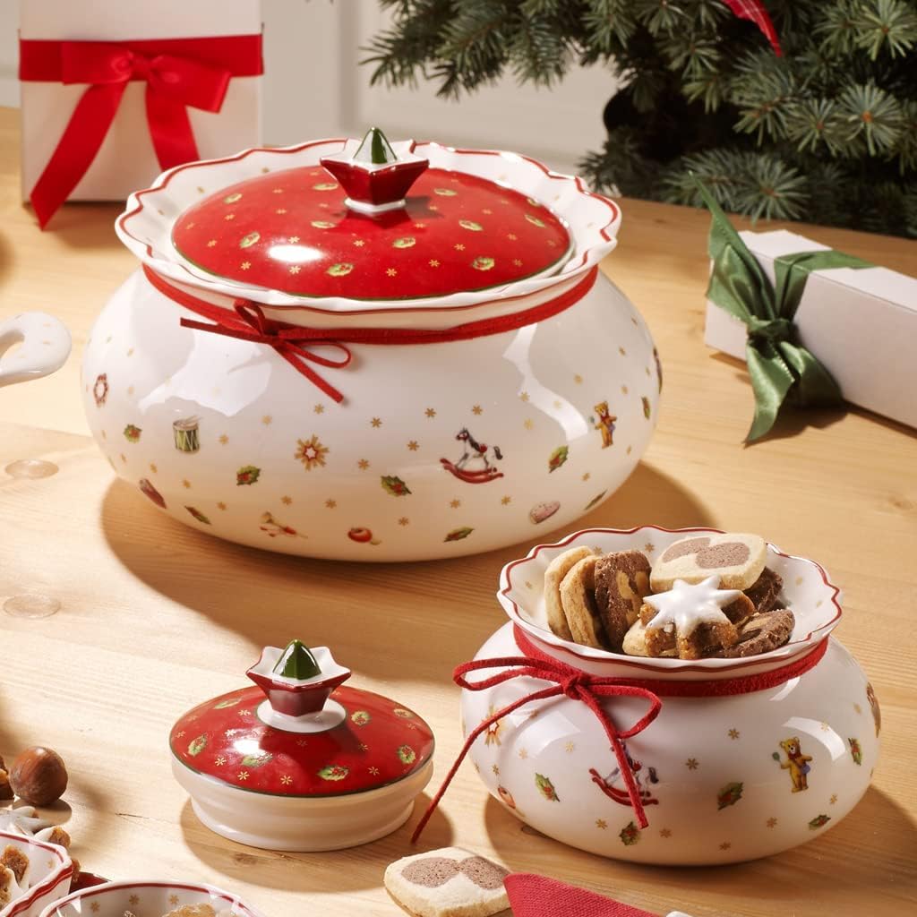 Villeroy & Boch Toy's Delight Dosen-Set 3-teilig, Vorratsdosen in 3 Größen (14 cm / 20 cm / 21 cm), Gebäckdosen/Keksdosen mit Weihnachtsdekor, Premium Porzellan, Weiß/Rot