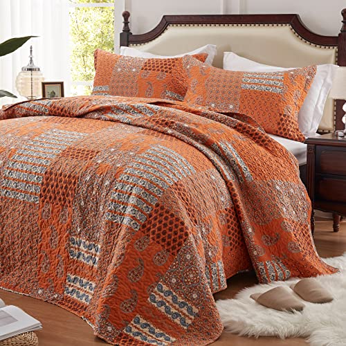 LEAONME Quilt Set Full/Queen Size 3 Piece Bedspread Coverlet Lightweight Comforter Microfiber Bedding Set All Season Oversized 90x98 Inch Bed Cover Paisley Burnt Orange/Rust(1 Quilt,2 Pillow Shams)