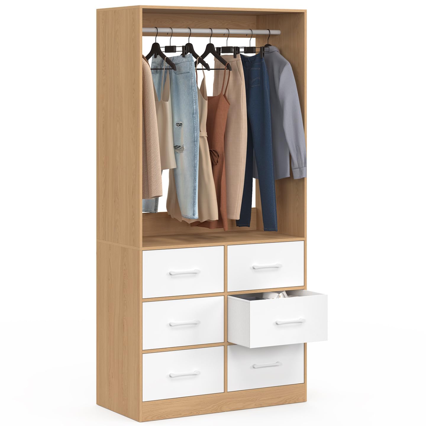 IDMarket - Dressing penderie L. 80 cm UPPAH avec 6 tiroirs bois façon hêtre et blanc