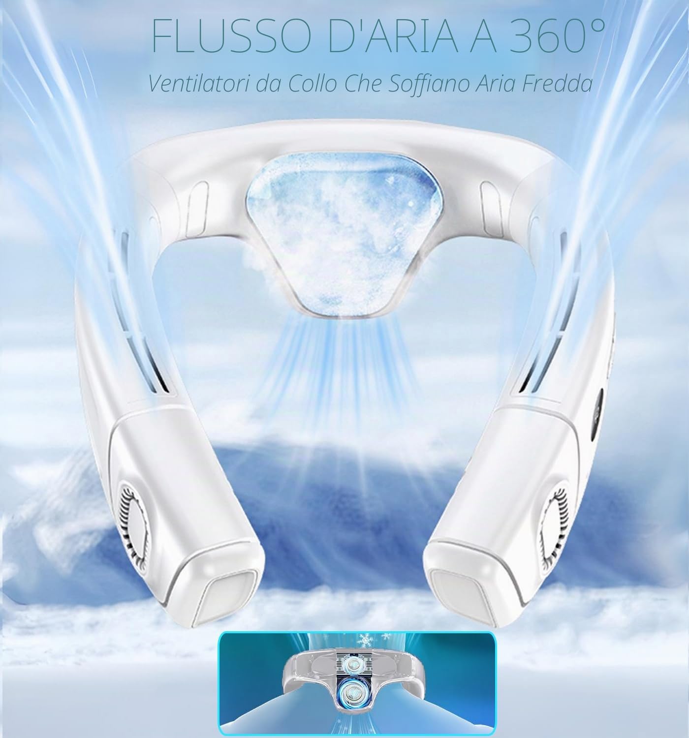 Ventilatore da Collo Portatile con Grande Ghiaccio Piastra di Raffreddamento, Ventilatore Silenzioso 360° Presa d'aria Fredda Posteriore,Condizionatore 6000mAh USB Ricaricabile per Viaggio Uff, Bianco
