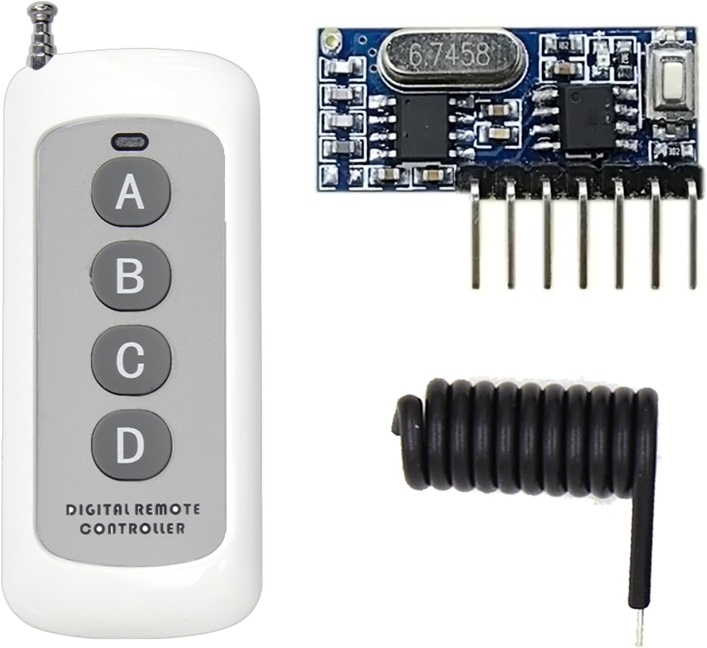 QIACHIP 433MHz Wireless Remote Control Switch Mini Receiver Built-in Learning Code 1527 Decoding 4 Channel Output with 656 FT Long-Distance Remote Control 4-Button Transmitter White