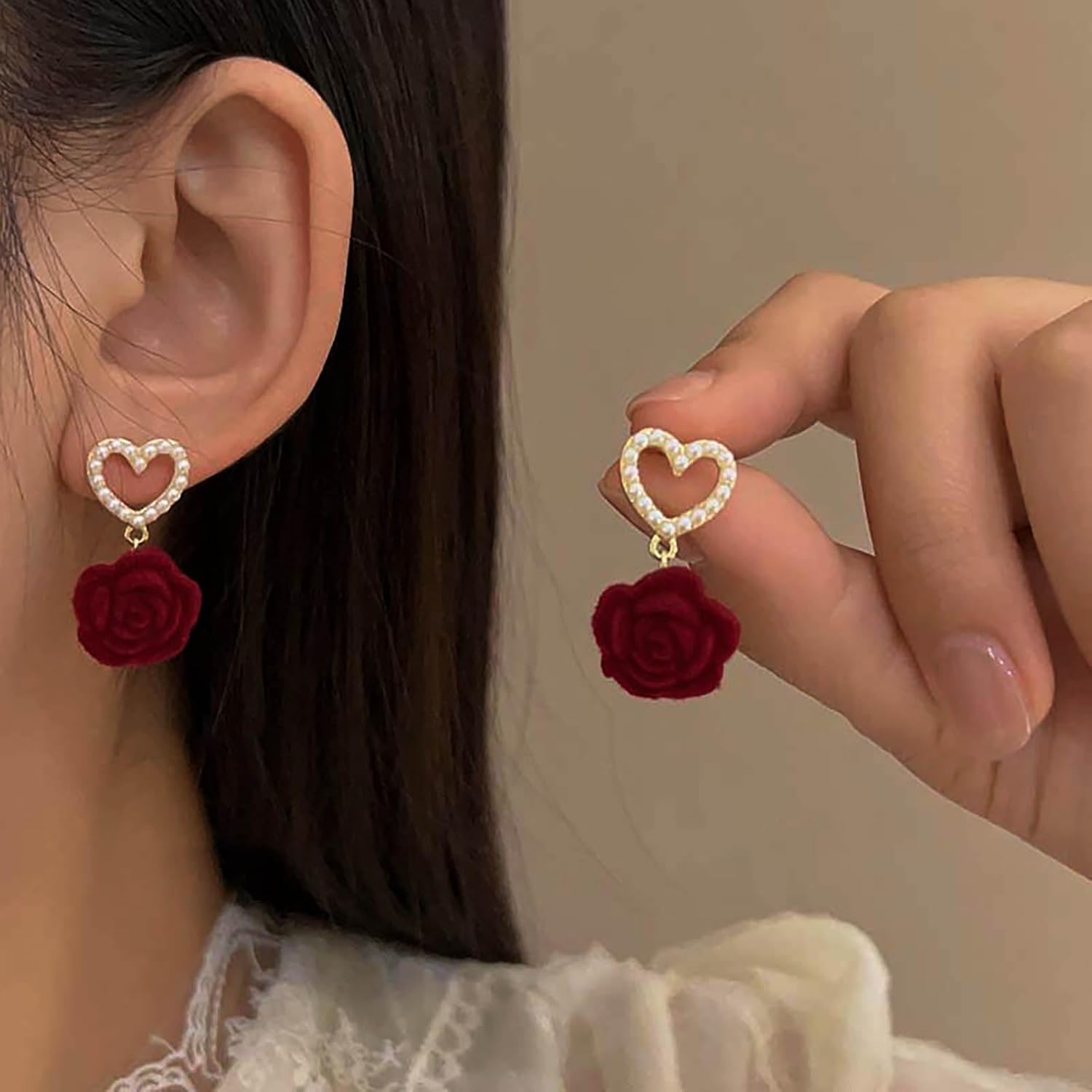 Bohemian Rose Pearl Heart Dangle Earrings Red Rose Flower Drop Earrings Velvet Camellia Flower Earrings Hollow Pearl Heart Stud Earrings Jewelry for Women Gifts - Image 5