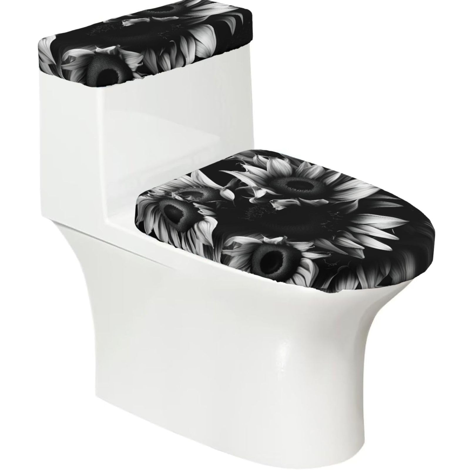 Black and White Sunflowers Printed Toilet Tank and Lid Cover Set of 2 for Most Bathrooms, Fits Elongated Round Toilets